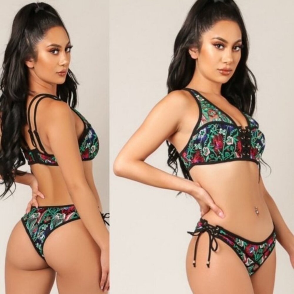 WOW Couture Bikini Embroidered Lace Up Mesh Floral - L